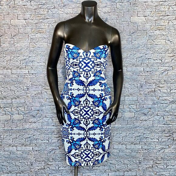 B Darlin Strapless Mini Dress Abstract Print Tropical Pockets Juniors Size 13-14 - Picture 1 of 7